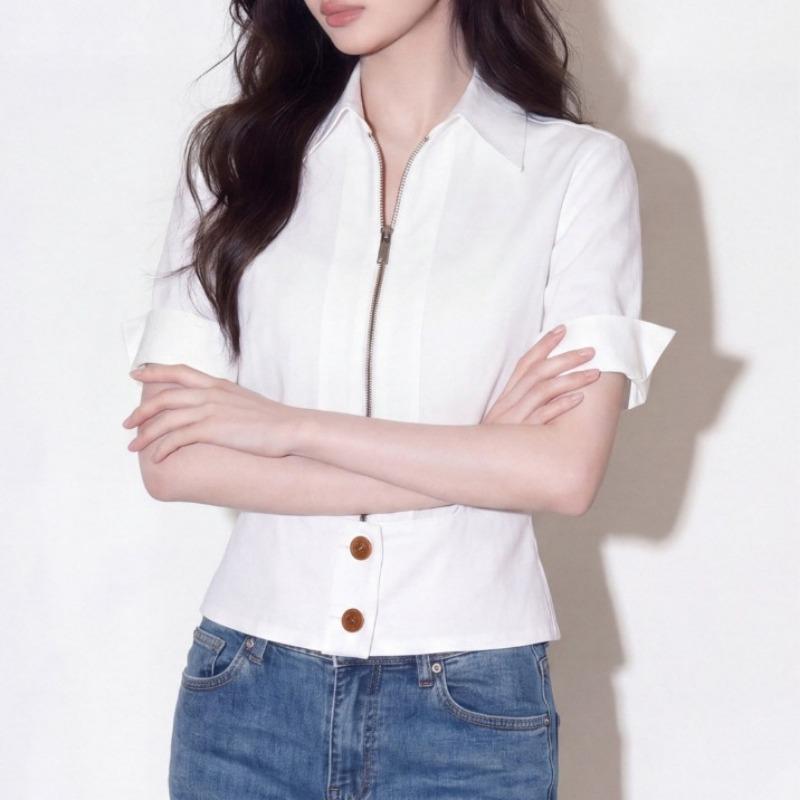 Women White Short Sleeve French Style Slim Fit Casual Commute Shirt Top