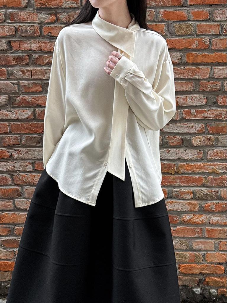 LUXI French Design Silk Tie-Up Collar Elegant Women's Spring Top