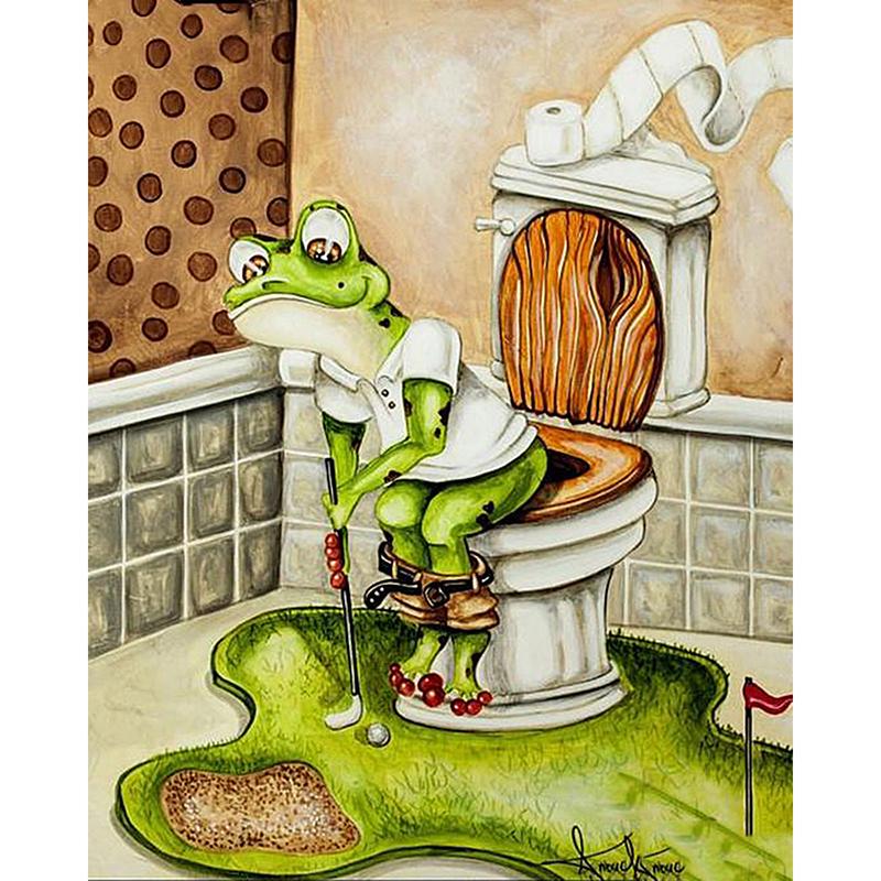 Grappige Badkamer Muurkunst Canvas - Kikker Op Toilet Met Krant - Zwart-Wit - 20x30 Cm - Kaderloos - Humorvolle Wanddecoratie