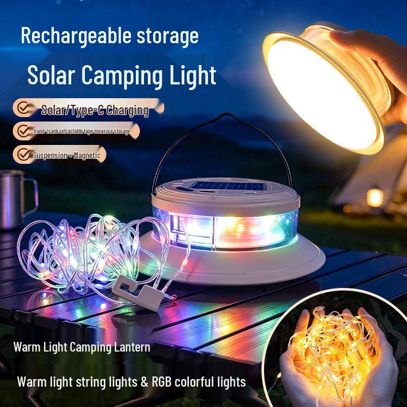 Cross-Border Rechargeable LED Solar Camping Lantern with 10m Multi-Color String Lights and Storage