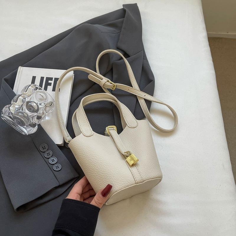 New High-end Lychee Pattern Small Lock Mother Bucket Bag Portable Single Shoulder Oblique Span Women's Bag