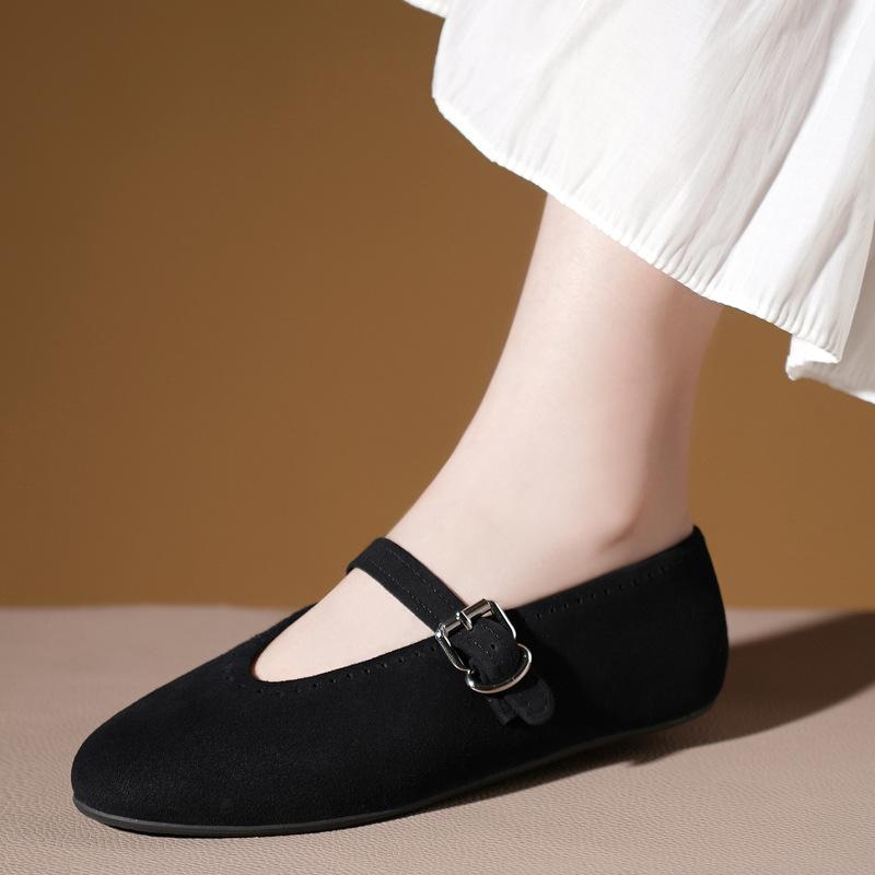 Frühling neue Ballett kleine Lederschuhe Mode Leder Retro weich wachsig runder Kopf flache Schuhe einzelne Wildleder Mary Jane Damenschuhe