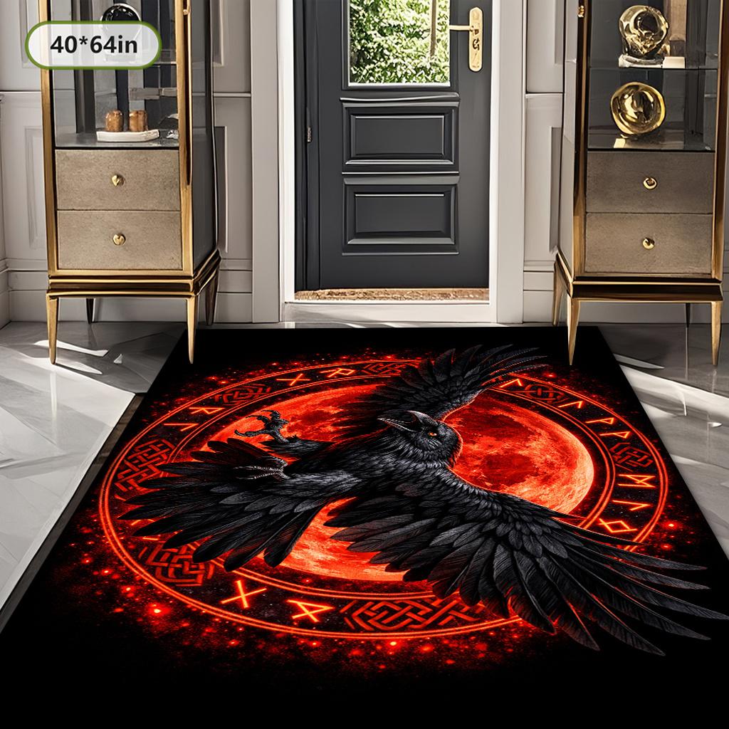 1‑Piece Retro Ethnic Style Red‑Black Crow Totem Print Area Rug, Easy‑Clean Durable Floor Mat for Living Room, Bedroom