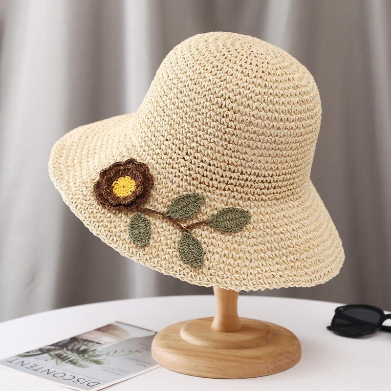 Womens Foldable Straw Hat With Wide Brim Beach Vacation Sun Protection Adjustable Size