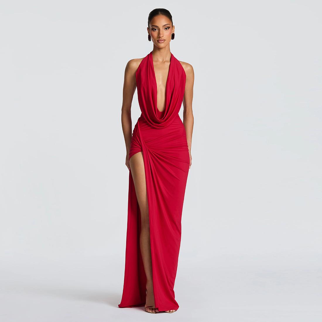 2026 Spring European & American Women s Backless Slit Pleated Deep V-neck Halter Bodycon Dress Small красный