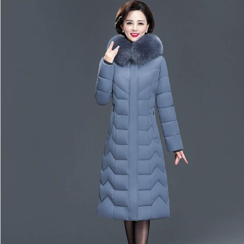 

Женская зимняя куртка с капюшоном и меховым воротником, пуховая хлопковая куртка, одежда для женщин среднего возраста, средней длины, утолщенное пальто, теплая куртка 6XL синий