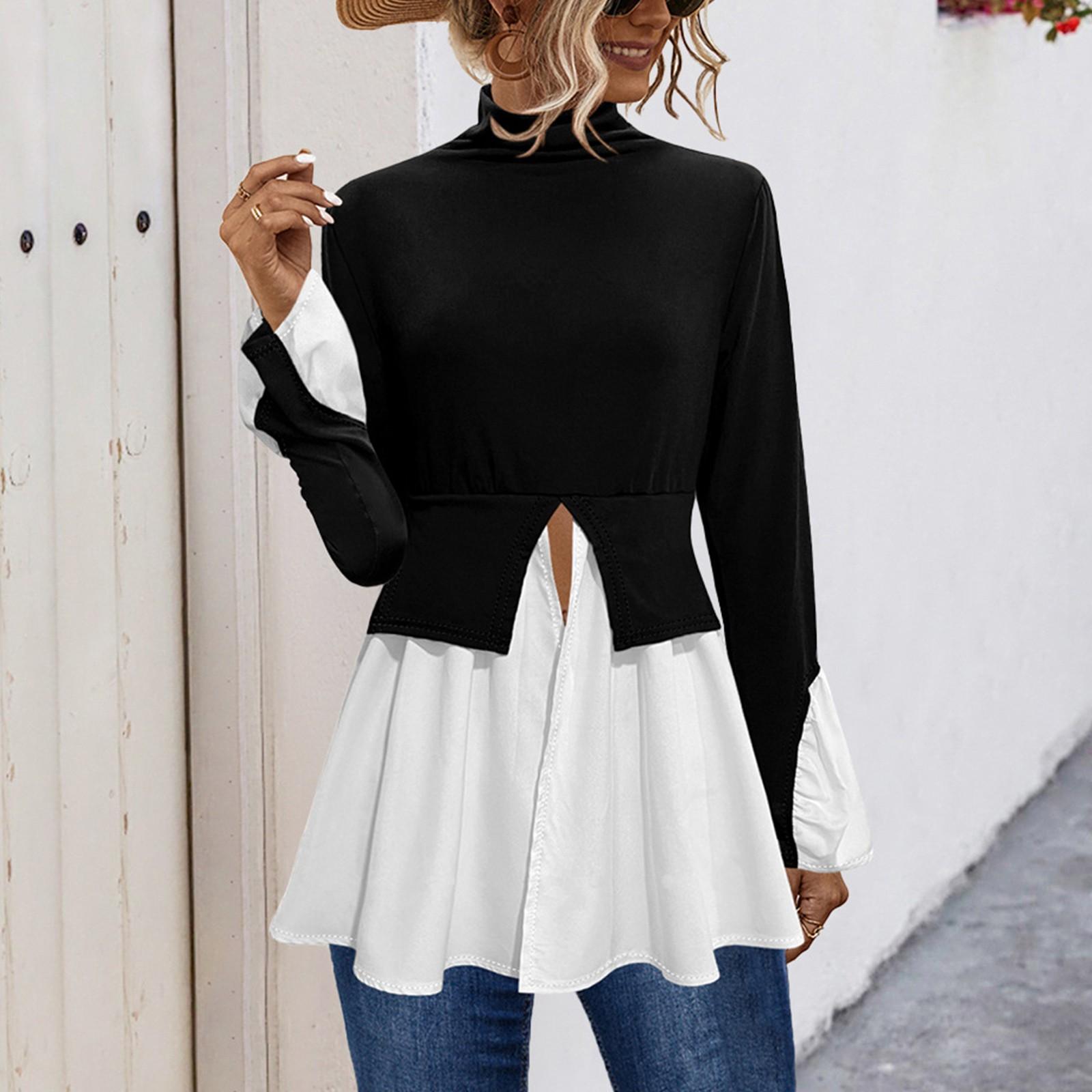 

Женская модная однотонная рубашка с нерегулярными рюшами и высоким воротником, топ-рубашка L чёрный