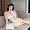 Women's Long Sleeve Mini Dress Off Shoulder Mid Rise Elegant Sexy Bodycon Lace Sheath Dress For Autumn Daily Party Dating Wear