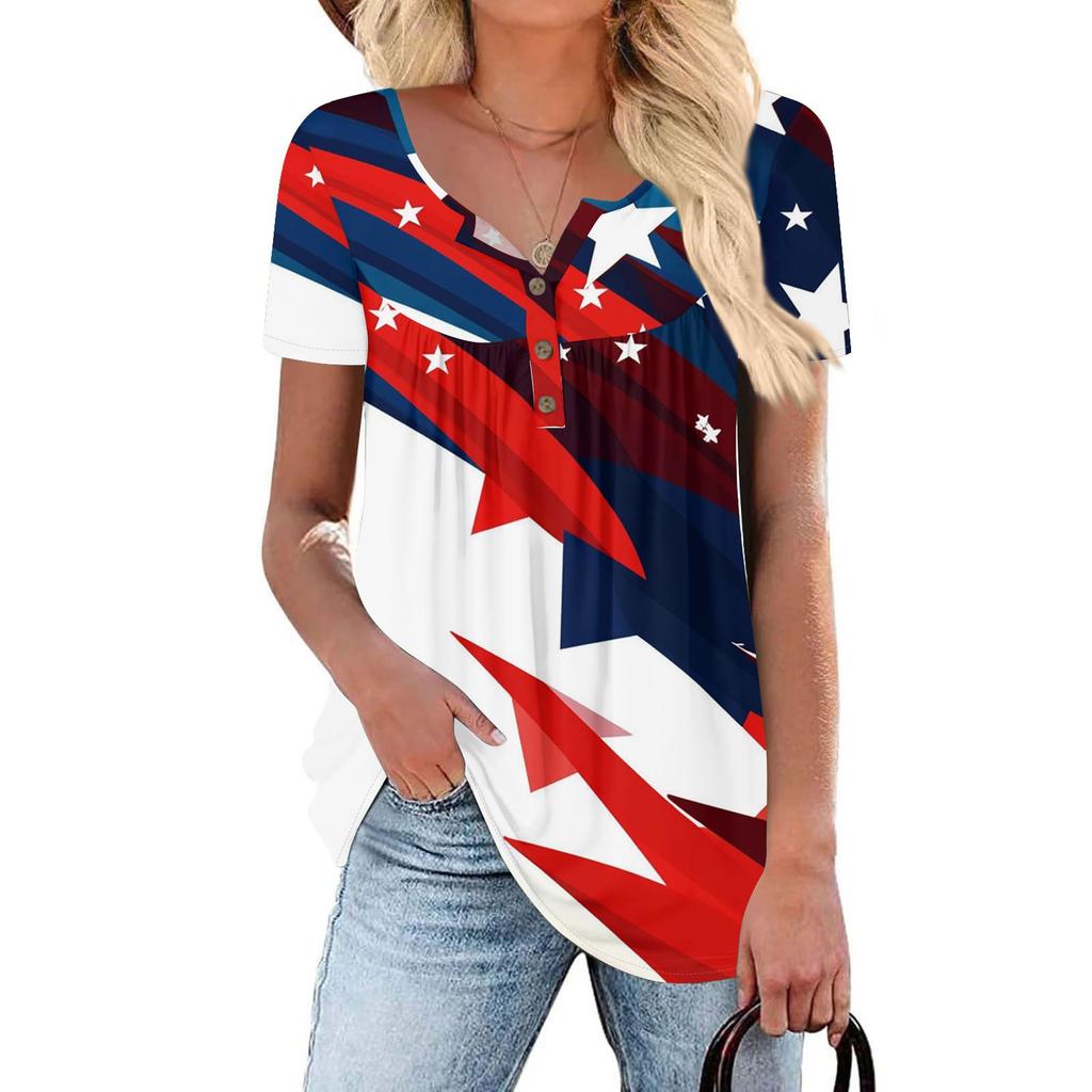 Women Tunic Tops Dressy Casual Summer Short Sleeve Shirts Loose Fit Pleated Boho Top Independence Day