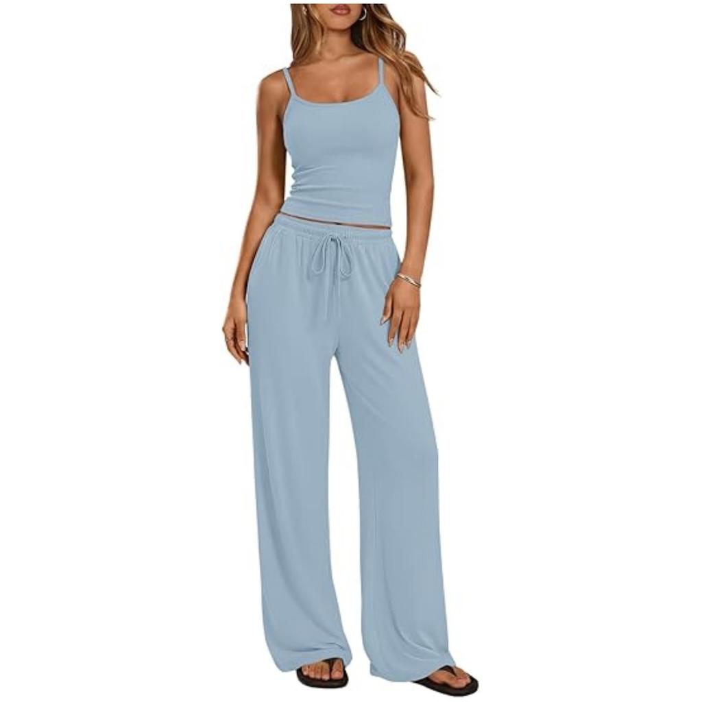 Women's Loose Fit Two-piece Loungewear Set Sleeveless Spaghetti Strap Camisole Drawstring High Waist Wide Leg Pants Matching Tracksuit