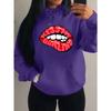 Kiss Me Darling Red Lips Print Hoodies Woman Autumn Fleece Hoody Casual Hip Hop Streetwear Loose Pullovers