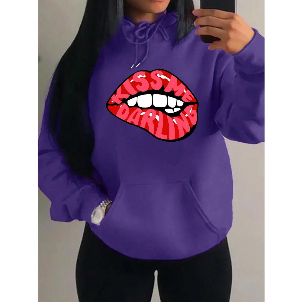 Kiss Me Darling Red Lips Print Hoodies Woman Autumn Fleece Hoody Casual Hip Hop Streetwear Loose Pullovers