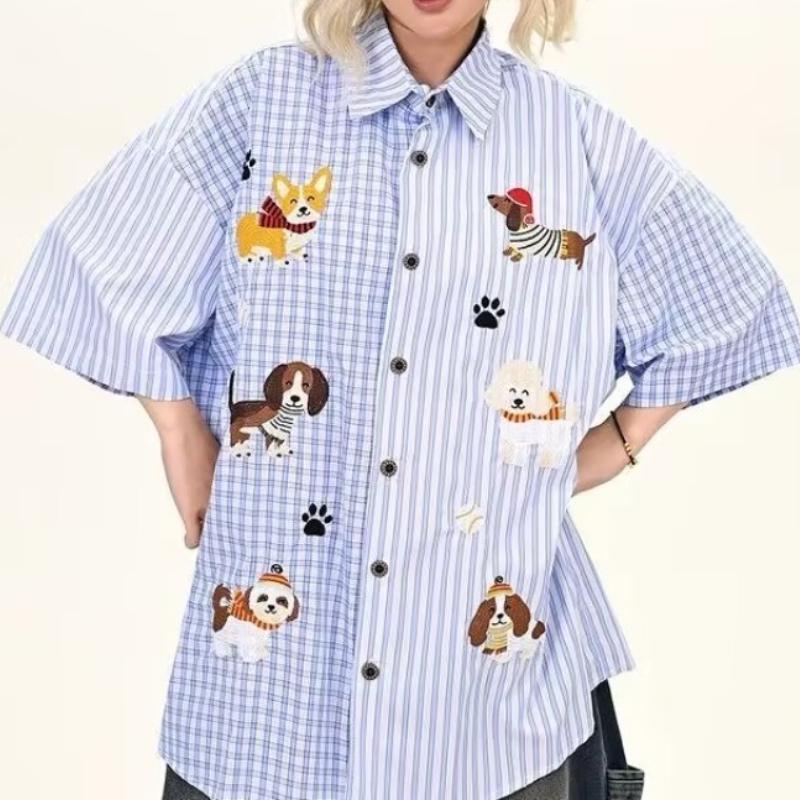 Dog Embroidered Striped Women's Shirt Contrasting Short Sleeve Lapel Top Single Breasted Loose Versatile Summer Clothing
