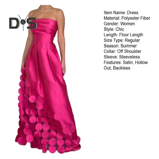Evening Dress Hollow Out Round Satin Off-Shoulder Sleeveless Waist-Hugging Dress Summer Prom Wedding Party Maxi Dress