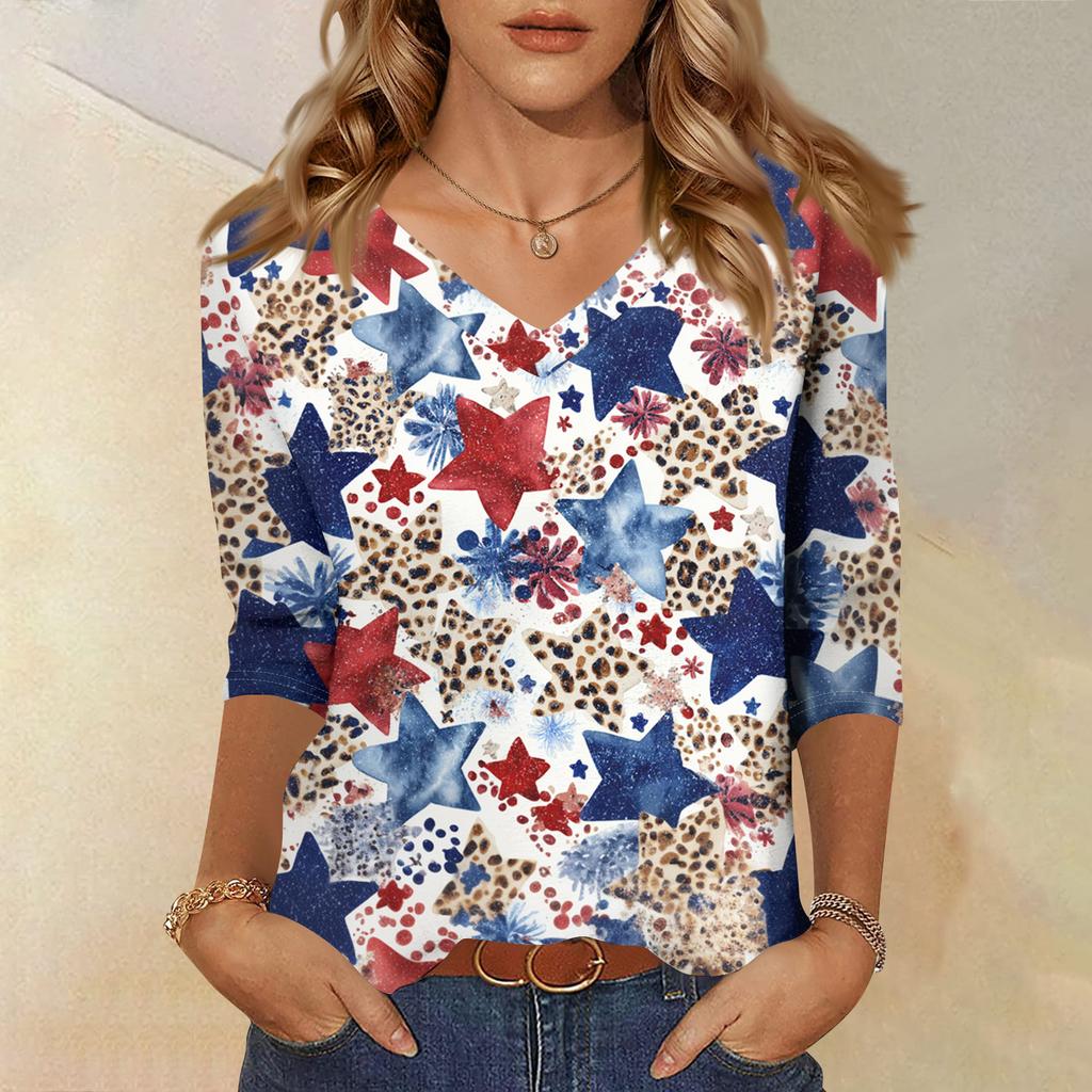 Módní vintage top s 3/4 rukávem pro ženy, dámská ležérní halenka s tříčtvrtečním rukávem a výstřihem do V s potiskem
