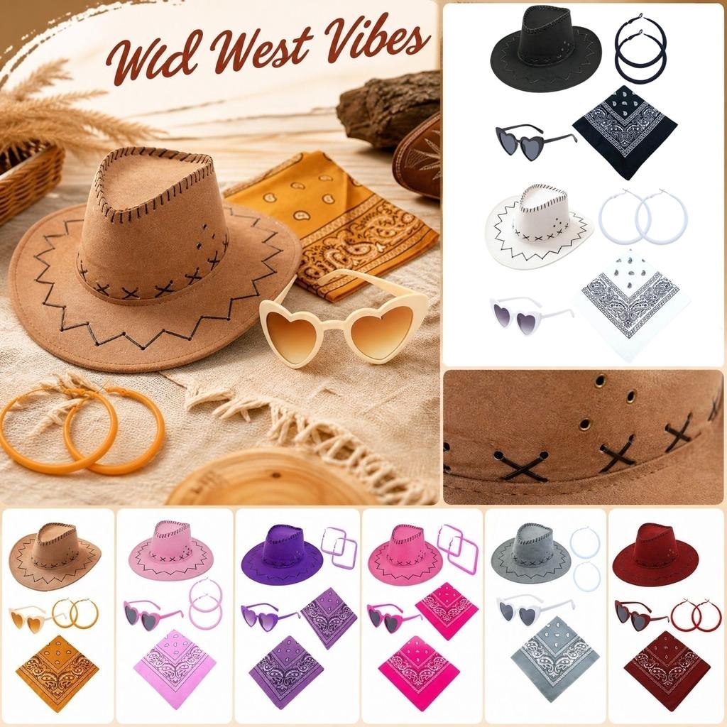 Costume Set with Hat, Glasses and Earrings for Western Role Play