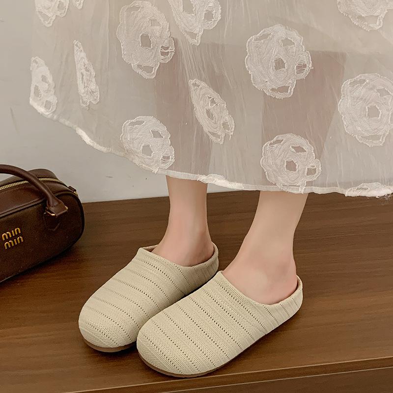 2025 New Summer Foreign-style Woven Hollow Baotou Half Slippers Women's Breathable Seaside Beach Going Out Boken Shoes