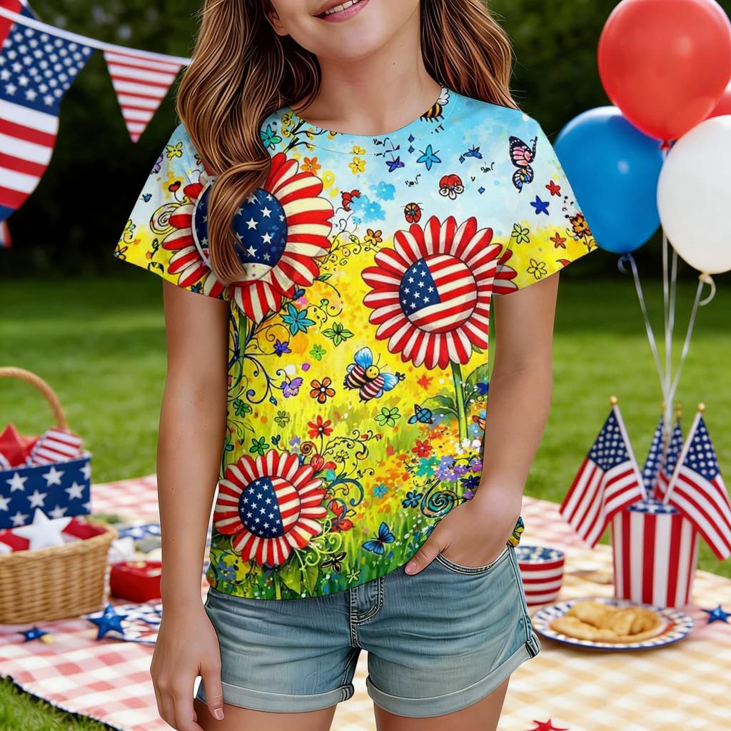 Kids Independence Day Print Round Neck Short Sleeve Casual T-shirt