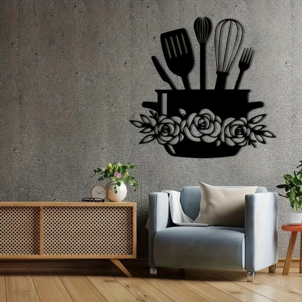 Metal Wall Art Kitchen Decor Black Iron Floral Utensils Durable Easy Install