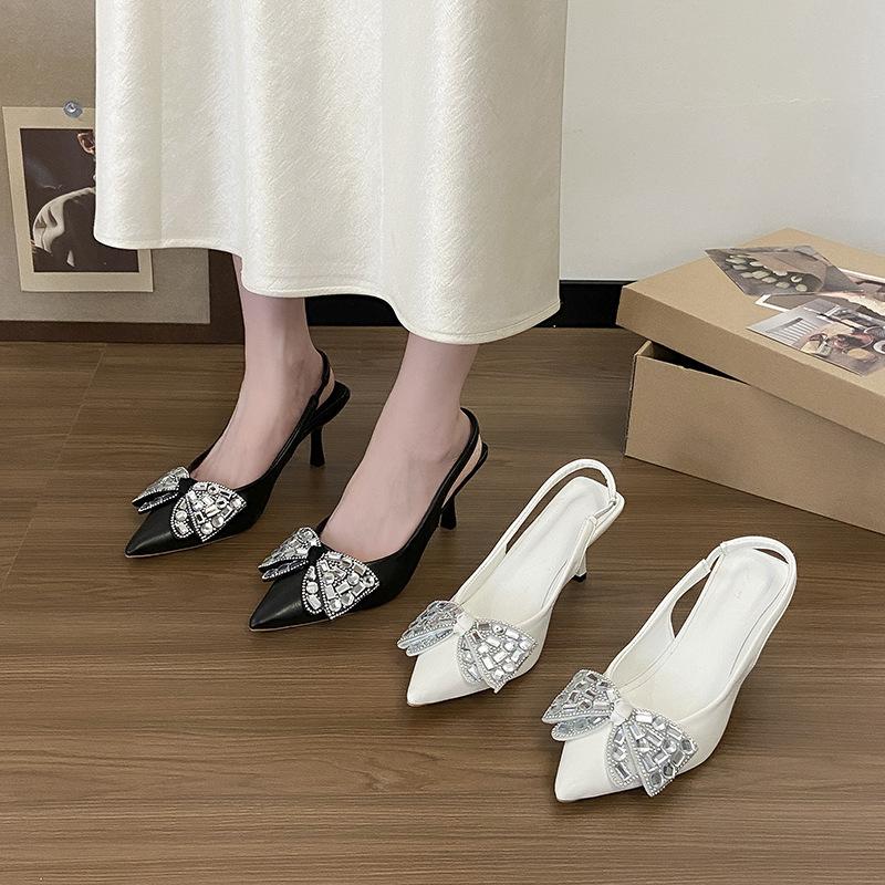 Rhinestone Beige Women's Bag Head Sandals Stiletto High Heels Bow 2025 New Elegant French Pointed Shoes