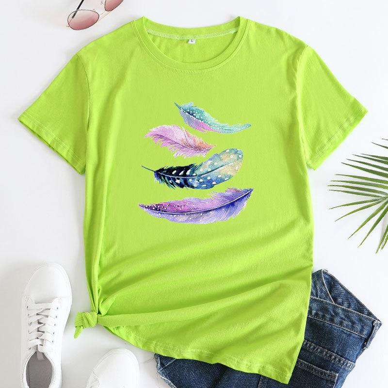 Summer Round Neck Colorful Feather Print Top Fashionable Casual Cute Short Sleeved Women's Pure Cotton T-shirts
