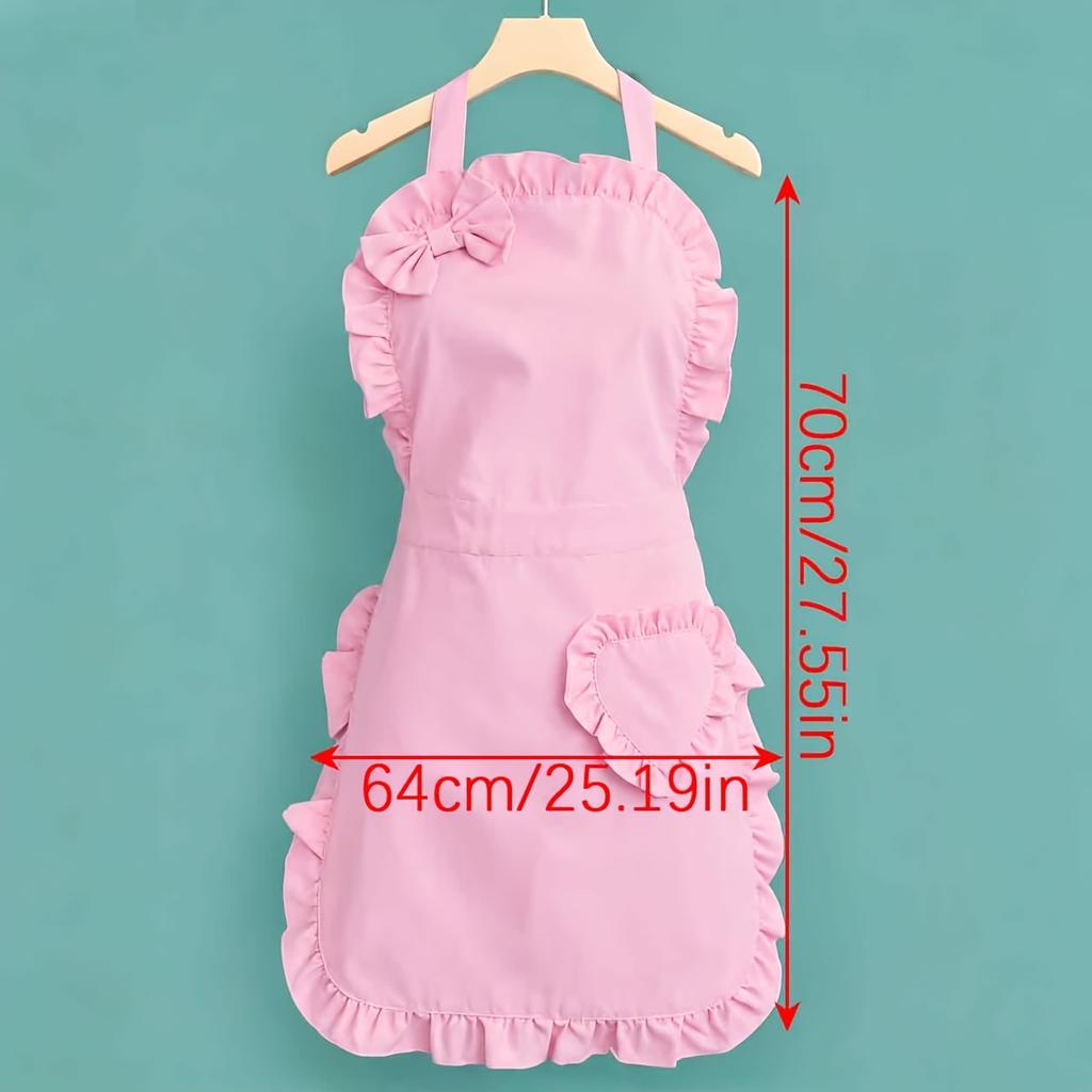 Long Pink Heart Apron, Ruffled Design with Pockets, Cute And Vintage Women'S ApronMaid Dress
