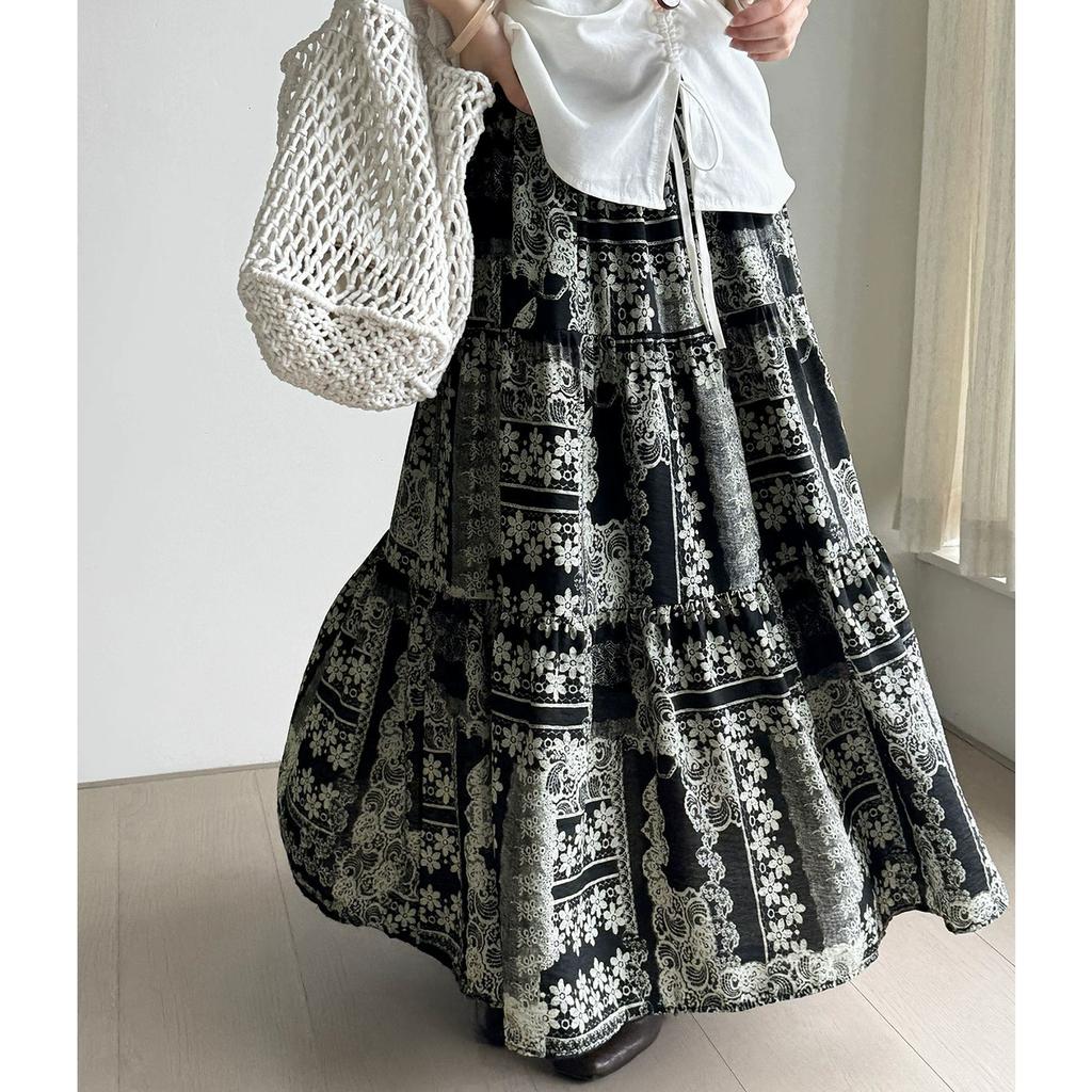 Dimanaf 2025 Summer Women Linen New Skirts Flower Vintage Elastic Pleated Elegant Skirts High Waist