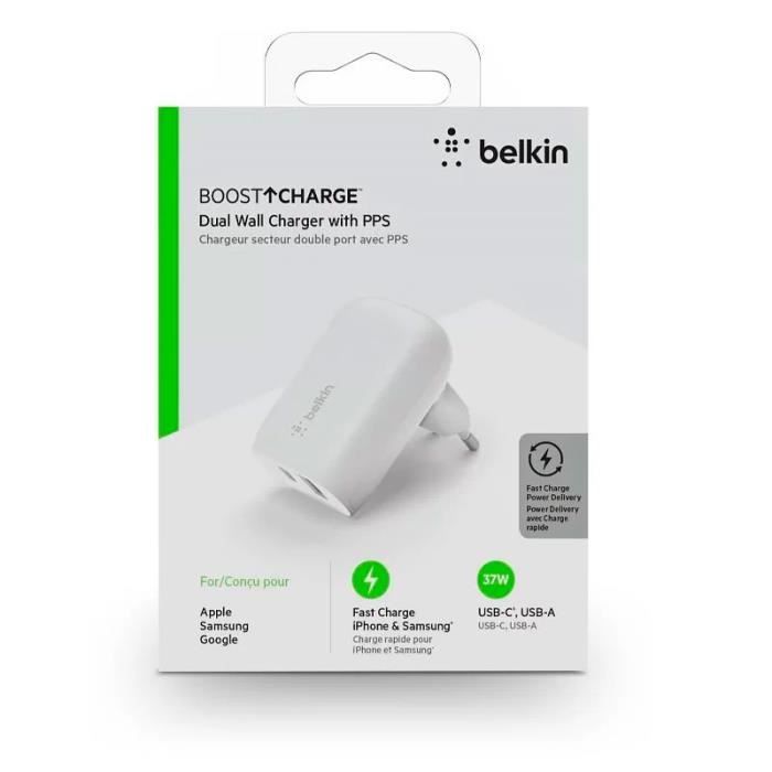 Belkin chargeur secteur double port 37w 25w usb-c pd pps + 12w usb-a b