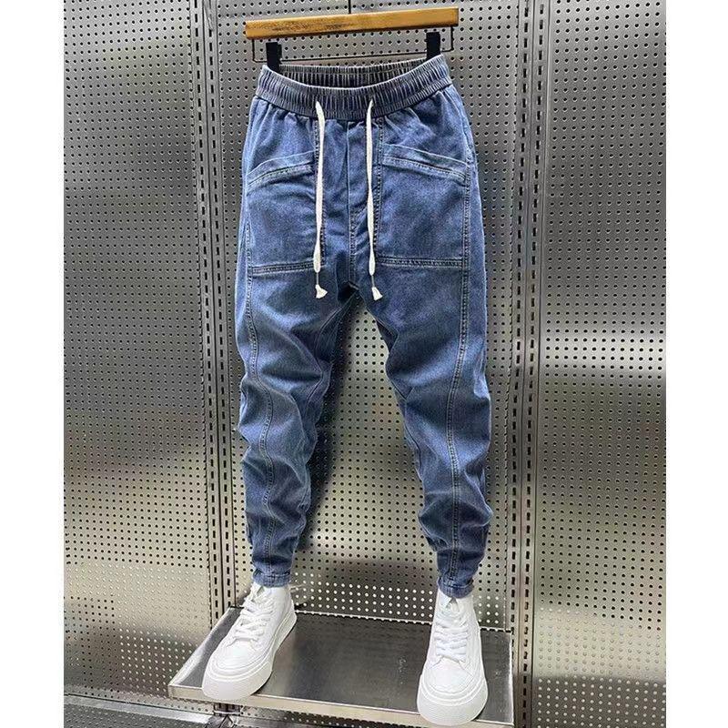 Men's Rogue Style Elastic Slim-Fit Nine-Point Jeans with Drawstring - Versatile for Spring and Autumn