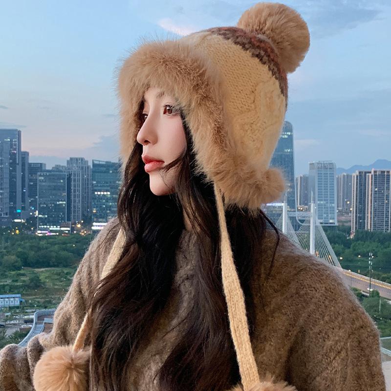 Korean Version Hat Winter Women'S Cute Hairball Knitted Hat Big Head Circumference Autumn Windproof Headgear Ear Protection Warm Hat
