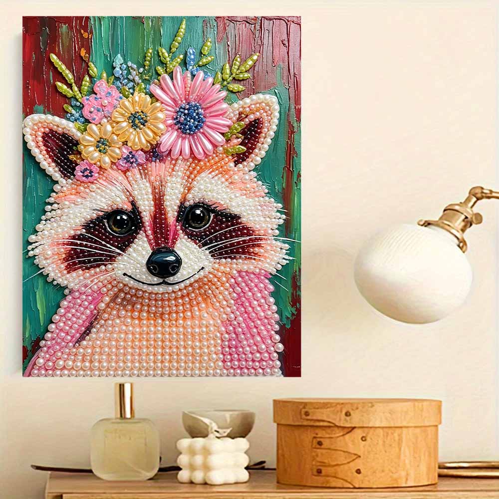 Pearl Painting DIY Kit Raccoon with Floral Crown Frameless Shiny Bead Canvas Creative Craft for Home Wall Decor Art Project Hobby Supplies