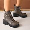 Fashion Women's Leather Rivet Short Top Lace-up Boots, Women's Thick-heeled Large-sized Belt Buckle Motorcycle Boots
