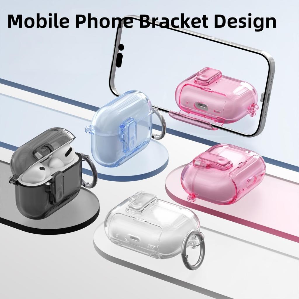 Transparente Hülle für AirPods Pro 3 Hülle mit Handyhalterung und Sicherheitsverschluss Automatisches Aufklappdeckeldesign mit Reinigungsstiftabdeckung für AirPods Pro 3