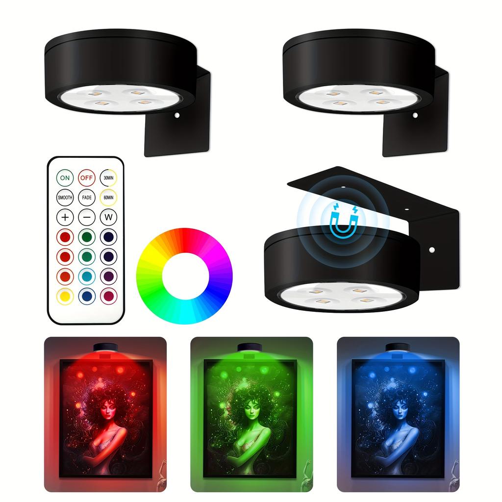 Modern RGB LED Wall Sconce Battery Operated No Wire Puck Lights with Remote Timer Dimmable Art Picture Light for Cabinet 3/6pcs
