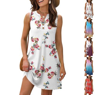 Ladies Fashion Vintage Floral Print V-neck Button-down Pocket Sundress Beach Resort Summer Dress
