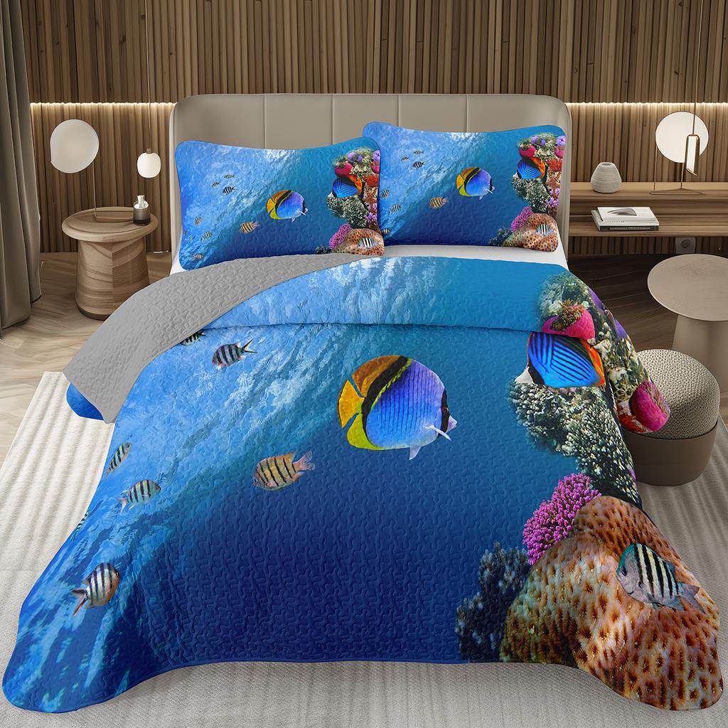 Fish Bedspread Twin Queen Ocean Marine Theme Coverlet Set for Boys Girls Teens Room Soft Lightweight Sea Animal Quilted Bedding