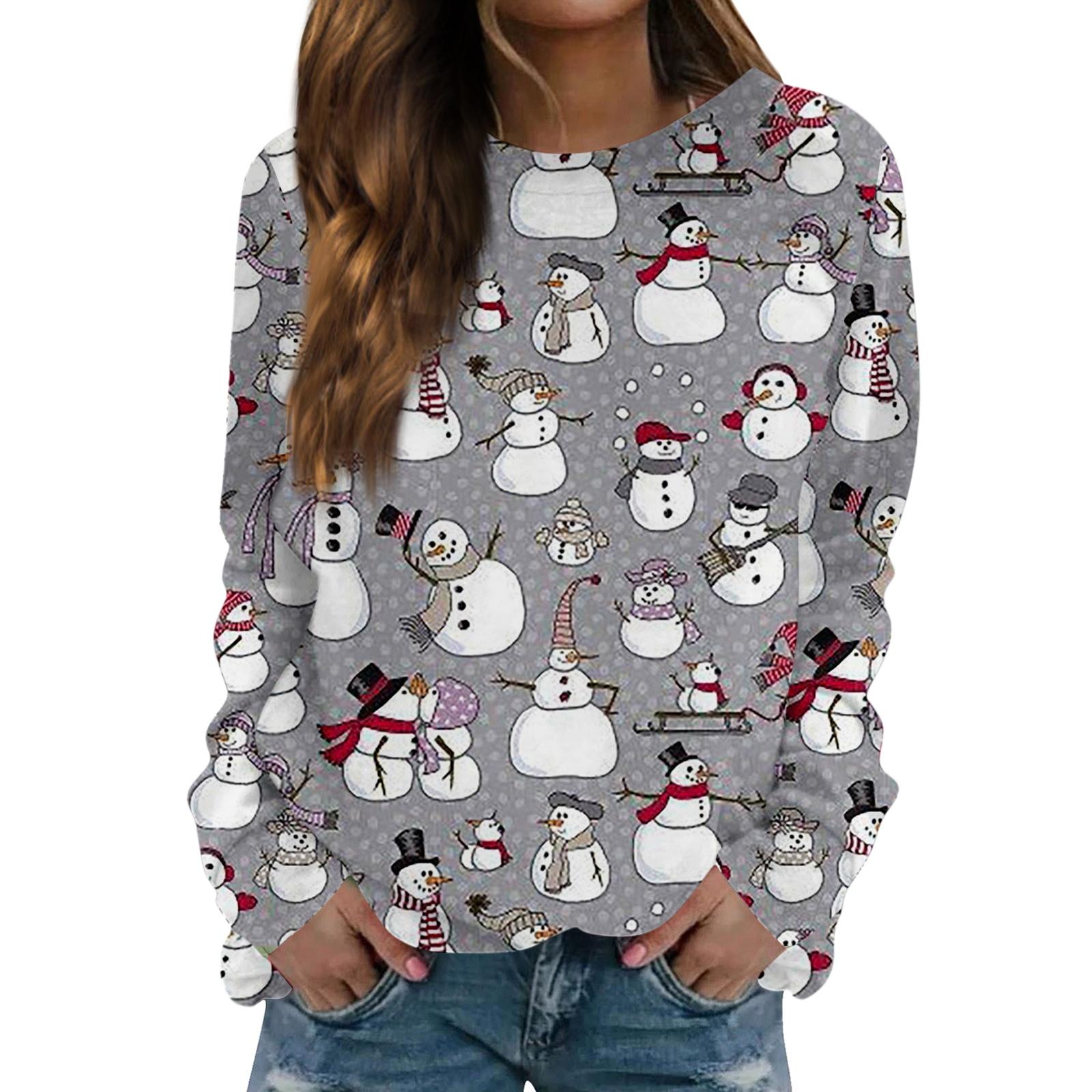 

Women s Fashionable Casual Long-sleeved Retro Christmas Snowman Print Round Neck Top S