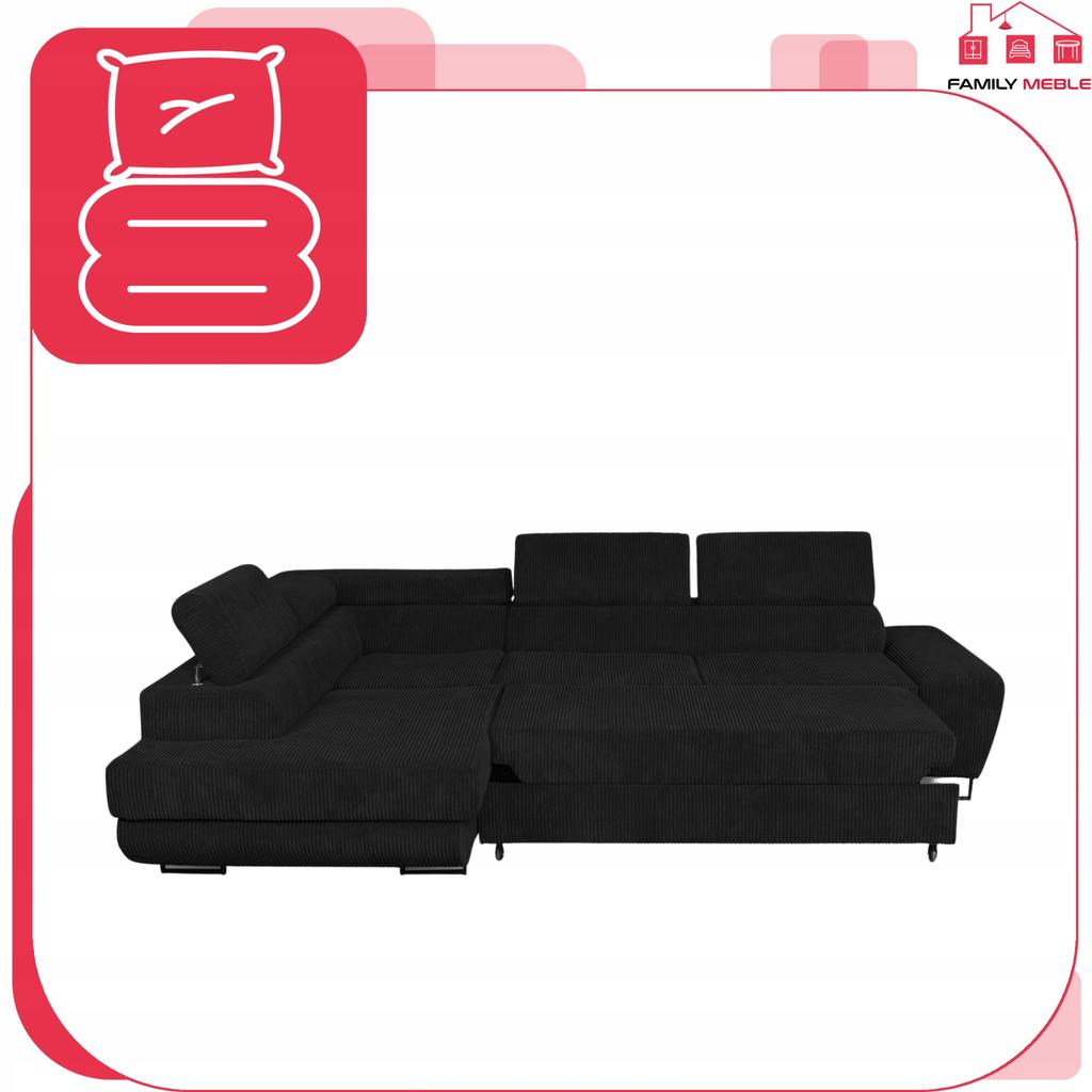 Corner Sofa, Foldable, F, Sleeping, Savio, Left, Family Furniture, Black, Corduroy