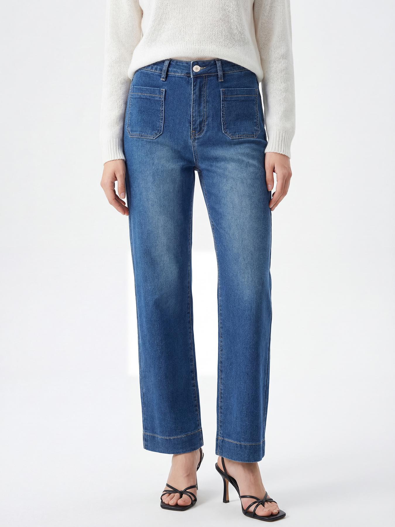 Puffanpop Women s Wide Leg Jeans High Waisted Stretchy Straight Leg Jeans Loose Trendy Denim Pants with Pocket XXL синий
