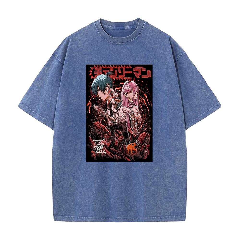Chainsaw Man Anmie Tshirt Denji And Power Hayakawa Aki Print Men Women Washed Cotton Tshirts Harajuku Unisex Oversized T Shirt