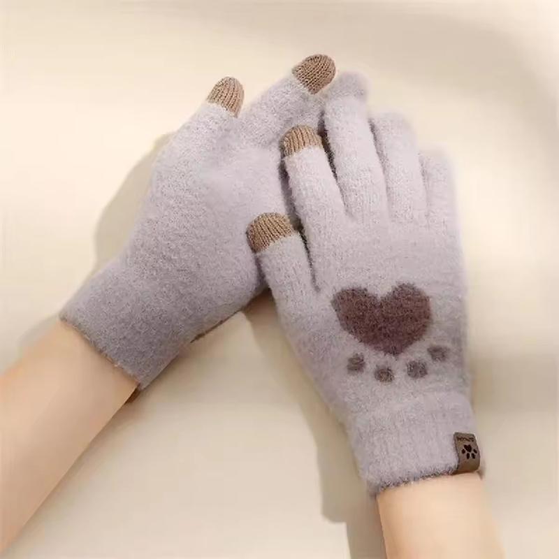 Winter Cat Scratch Love Gloves for Women Plush Touch Screen Knitted Thick Gloves Soft and Fluffy Korean Cute All Finger Gloves