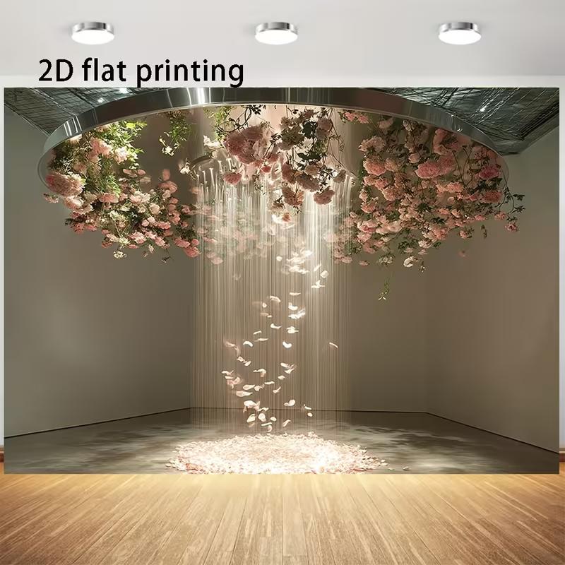

2D Elegant Pink Rose Photography Backdrop, Hanging Floral Ceiling with Falling Petals Background Cloth 47.2x31.5inch/120*80cm