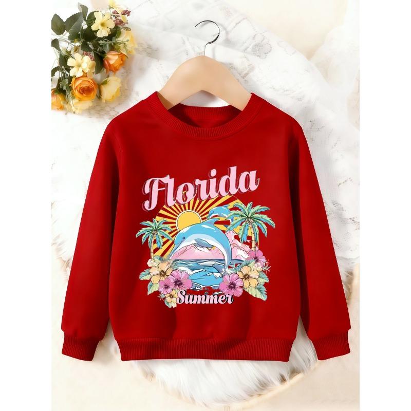 Unisex Kids Crewneck Sweatshirt, Florida Summer Dolphin Palm Tree Floral Print Pullover, Boys Girls Beach Casual Sweatshirt For Kids Over 4 Years Old
