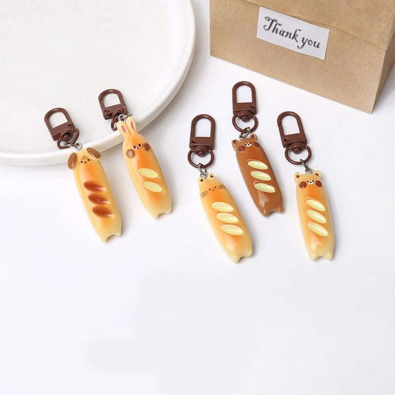 Unique Dog And Bear Shaped Keychains French Bread Foodie Charm Keyring Resin Alloy Bag Pendant for Women Girls