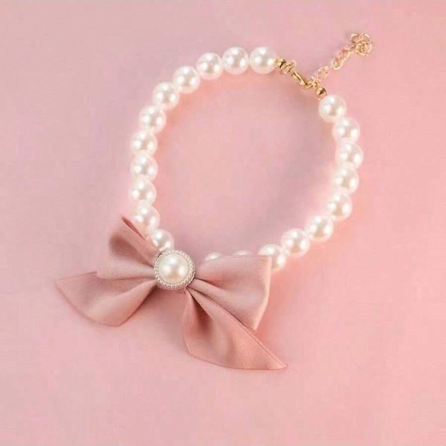 

1pc Pet Cat Faux Pearl Necklace, Cute Faux Pearl Bow Tie Collar, Suitable For Dogs And Cats 1pc рожевий