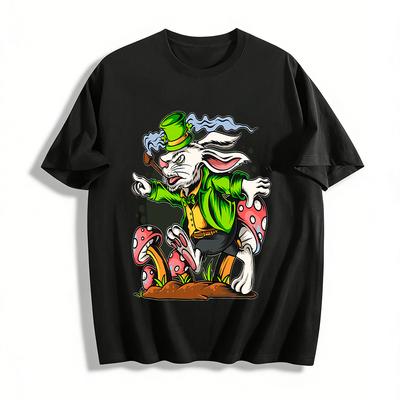 Mad Gentleman Rabbit Mushroom Print Street Style Casual T-Shirt Pure Cotton T-shirt