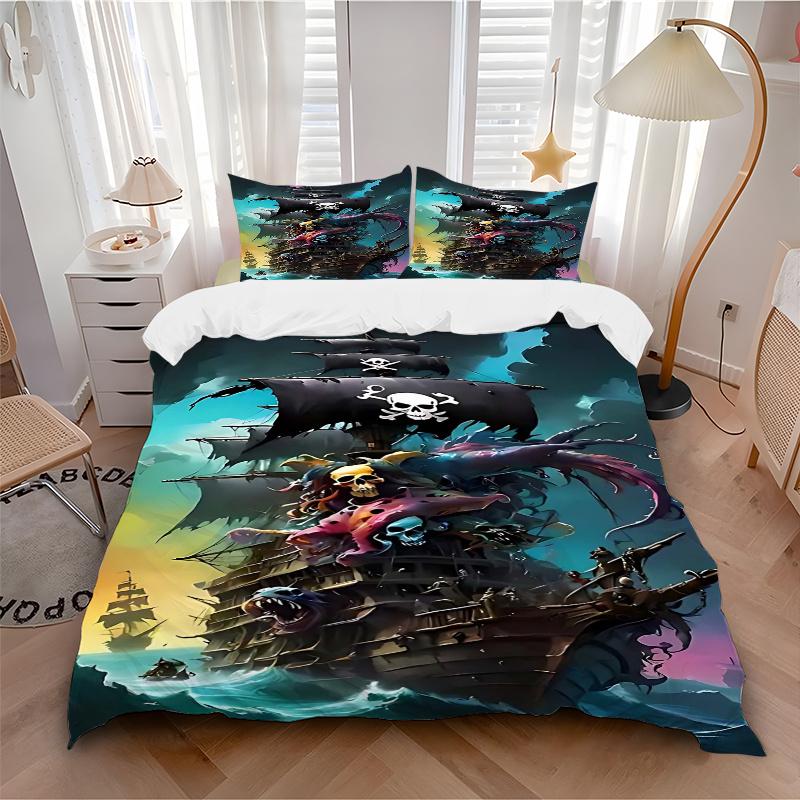 3pcs Pirate Ship Bedding Set - Includes One Quilt Cover and Two Pillowcases (No Core) - Home Decor, Festival Gift, Polyester Fabric, Anime Cartoon Des