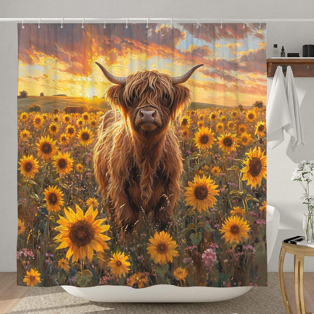 Morsomt dusjforheng med høylandsfe Rustikk landlig ku Tegneserie Dyre Dusjforheng Polyesterstoff Hjem Baderomsdekor