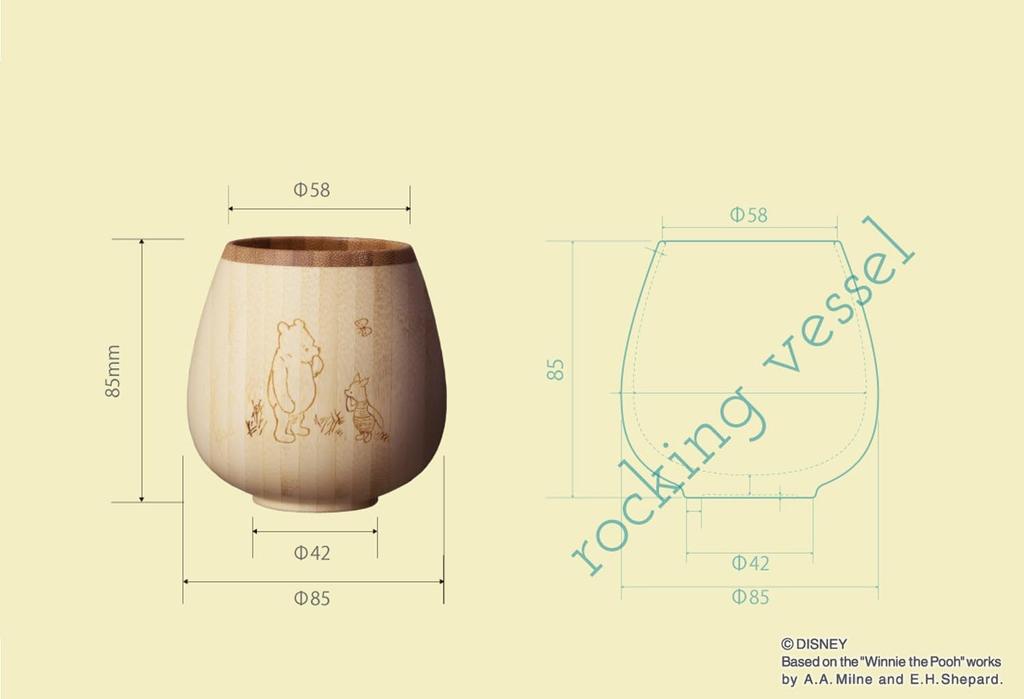 [Set] 2-Piece Set (RIVERET CLASSIC POOH Rocking Vessel Glass, 240ml, Bamboo, Dishwasher Safe, RV-116WCP, and Gift Bag with Ribbon)