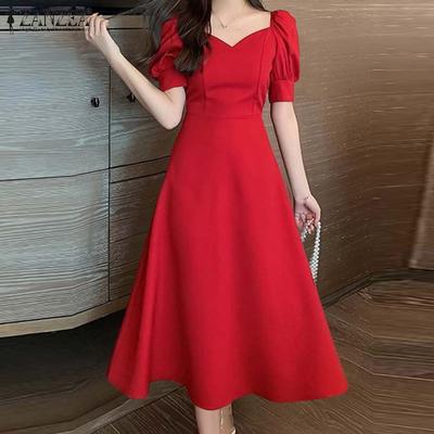 Women Sweetheart Collar Puff Short Sleeve Casual Long Dress